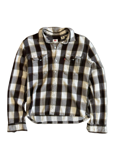 Levi's men's black and white plaid flannel long-sleeve button-up shirt, styled as a worker overshirt Medium Brown