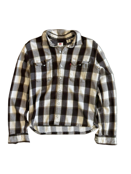 Levi's men's black and white plaid flannel long-sleeve button-up shirt, styled as a worker overshirt Medium Brown