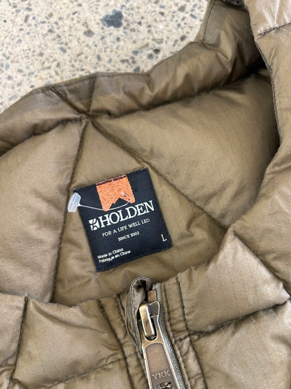 Holden Pyramid Down Vest in a brown olive color, featuring a unique triangular quilted pattern. Large