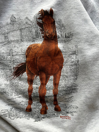 Vintage Horse Print Grey Sweater Medium Jerzees Tag