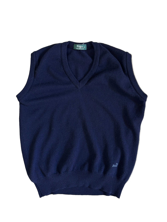 navy blue knitted v-neck vest is a vintage Wolsey brand garment made in New Zealand Medium