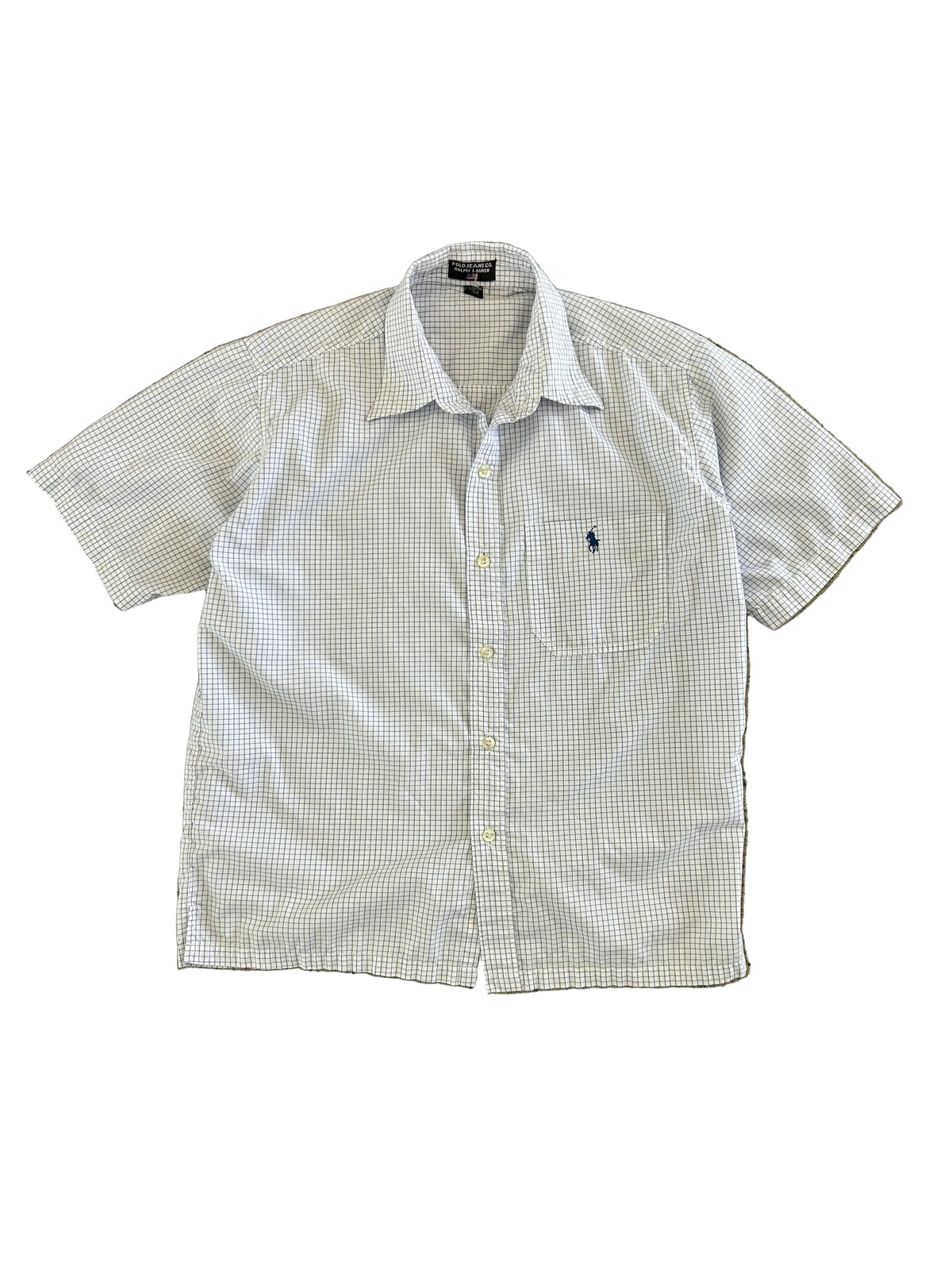 Vintage light blue and white grid-check (graph-check) short-sleeve button-down shirt by Polo Jeans Co. / Ralph Lauren featuring a small dark pony logo embroidered on the chest pocket.