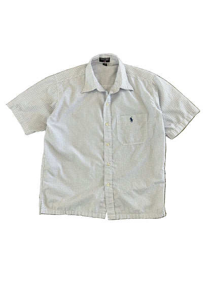 Vintage light blue and white grid-check (graph-check) short-sleeve button-down shirt by Polo Jeans Co. / Ralph Lauren featuring a small dark pony logo embroidered on the chest pocket.