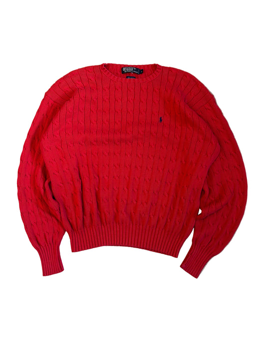 Vintage Faded Polo by Ralph Lauren cable-knit cotton sweater in red Large
