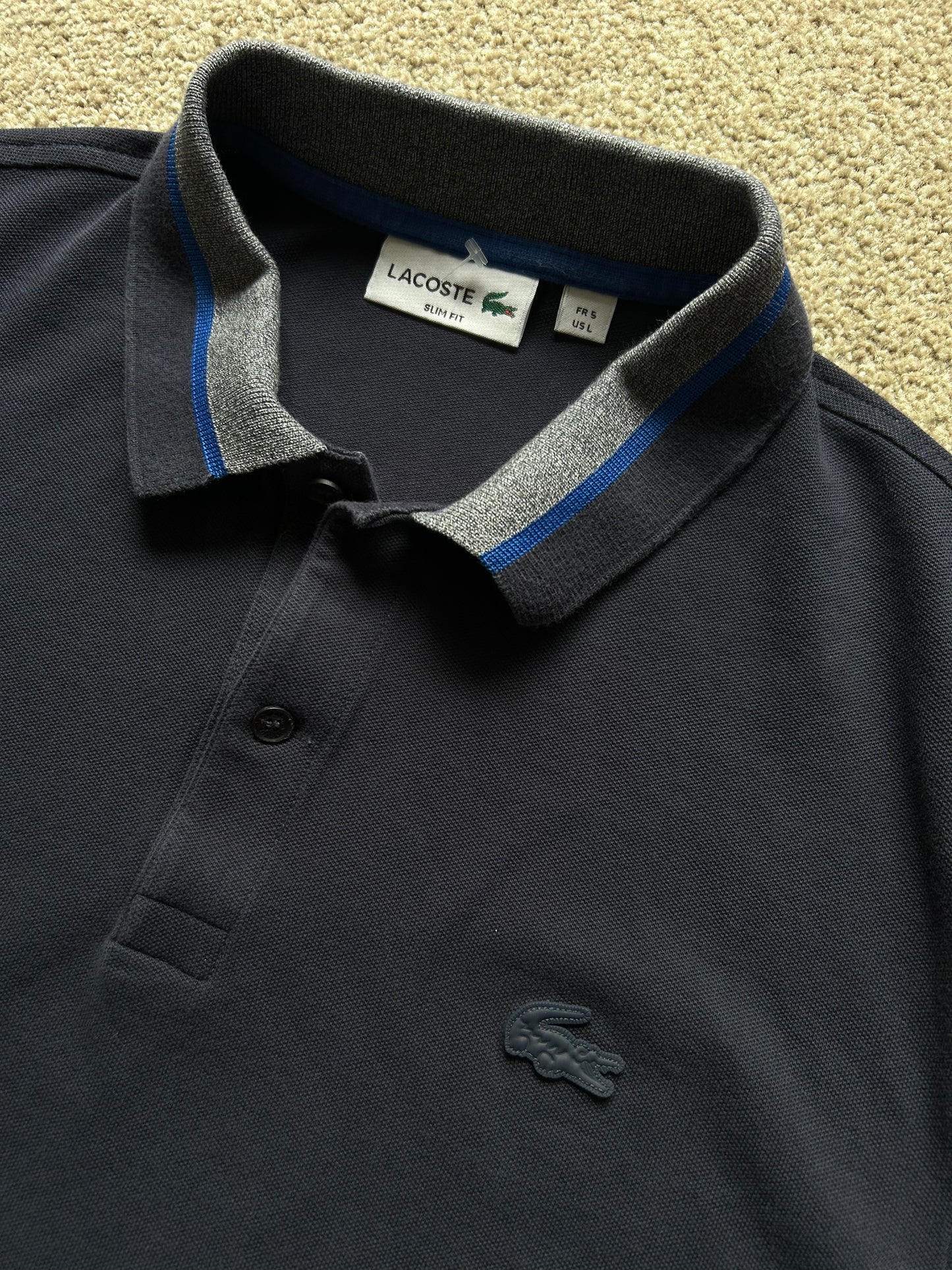 Men's Lacoste Polo Large Navy Blue Leather Patch