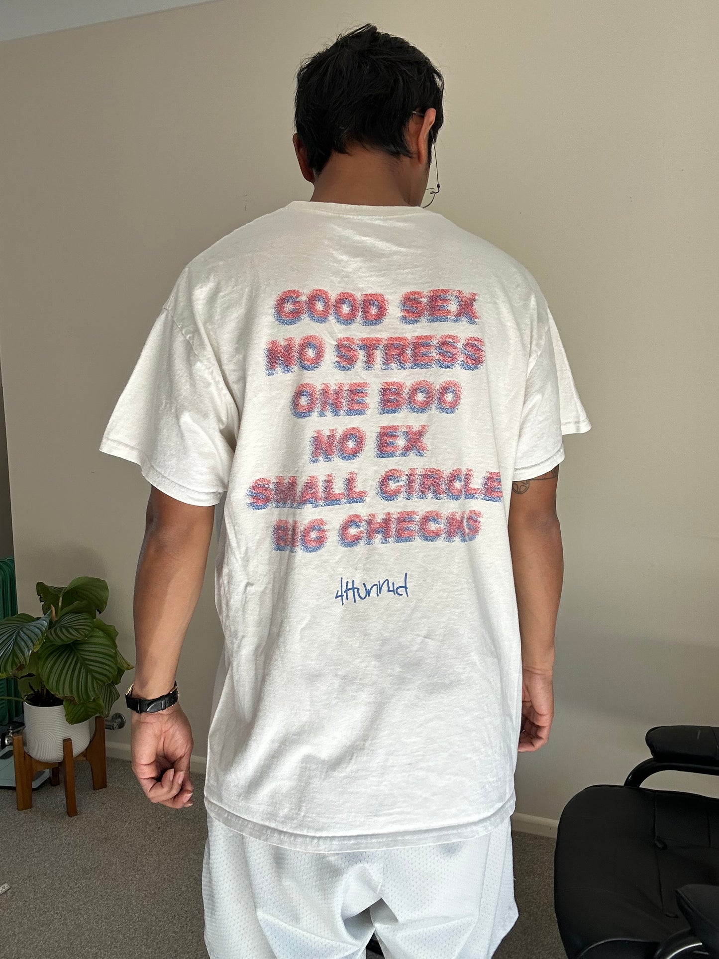 4Hunnid "Good S*x No Stress" t-shirt White Large with Stains