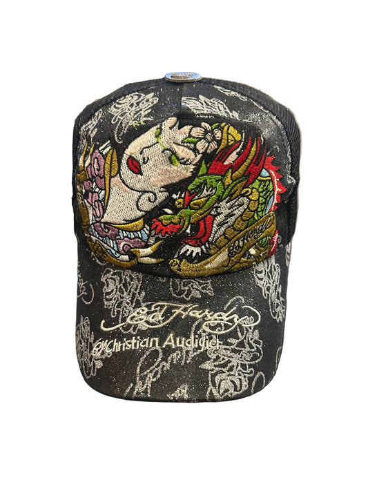 Vintage black Ed Hardy trucker cap features prominent embroidered dragon and geisha