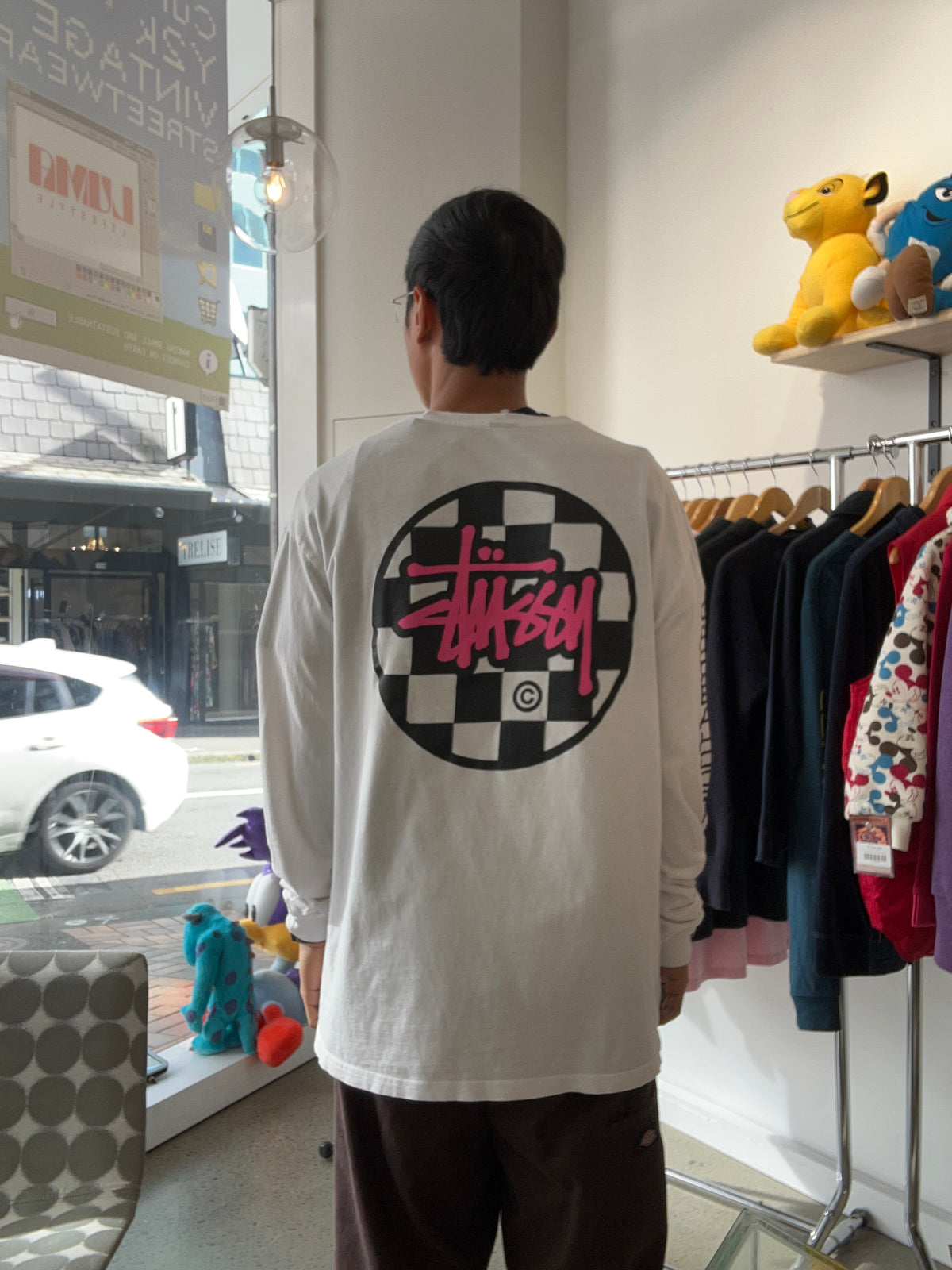 Stussy Pink Logo Checkerboard White Long Sleeve Medium (Worn Condition)