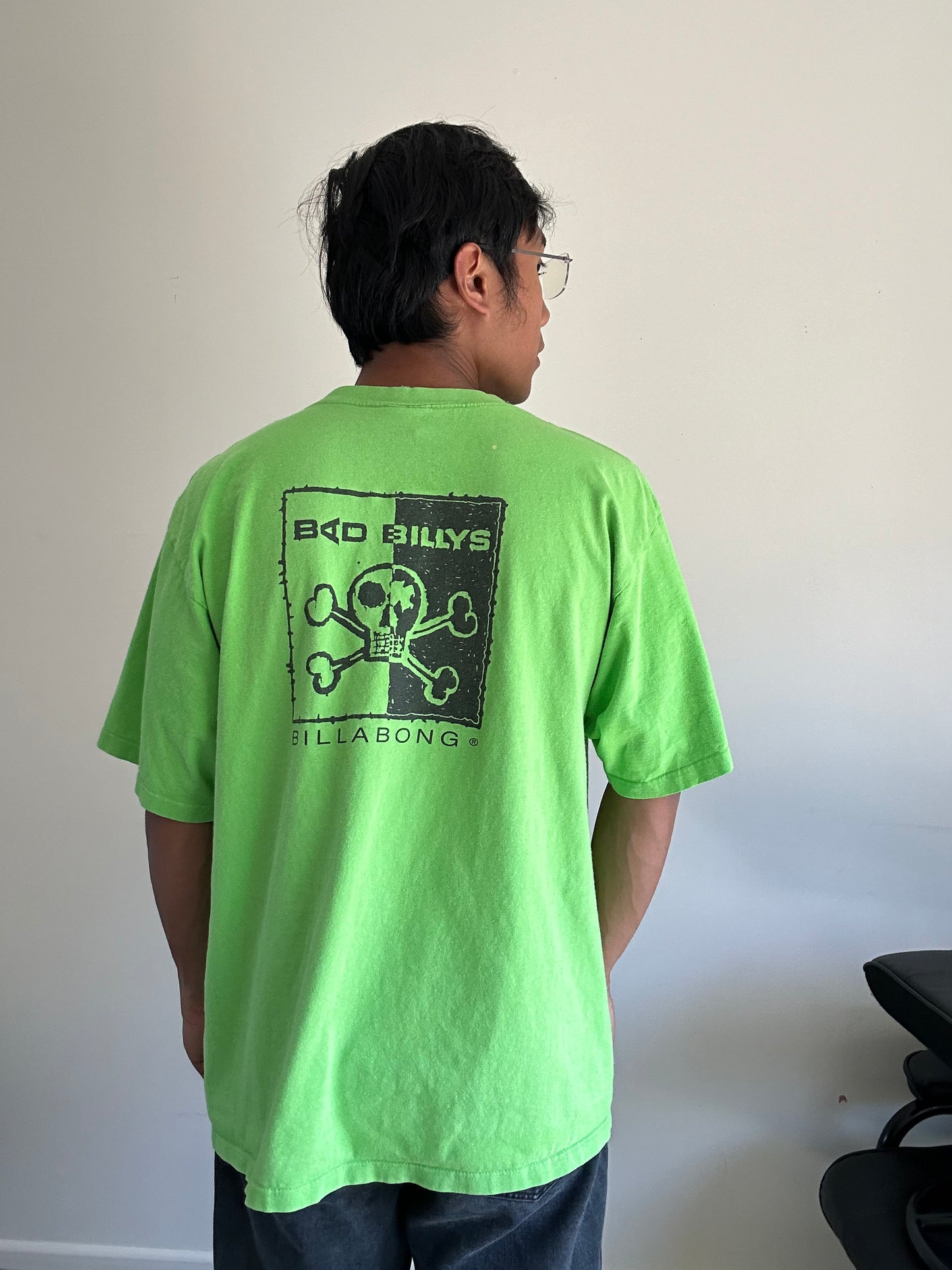 Lime green "Bad Billys" brand Billabong Skate Tee Large Y2K