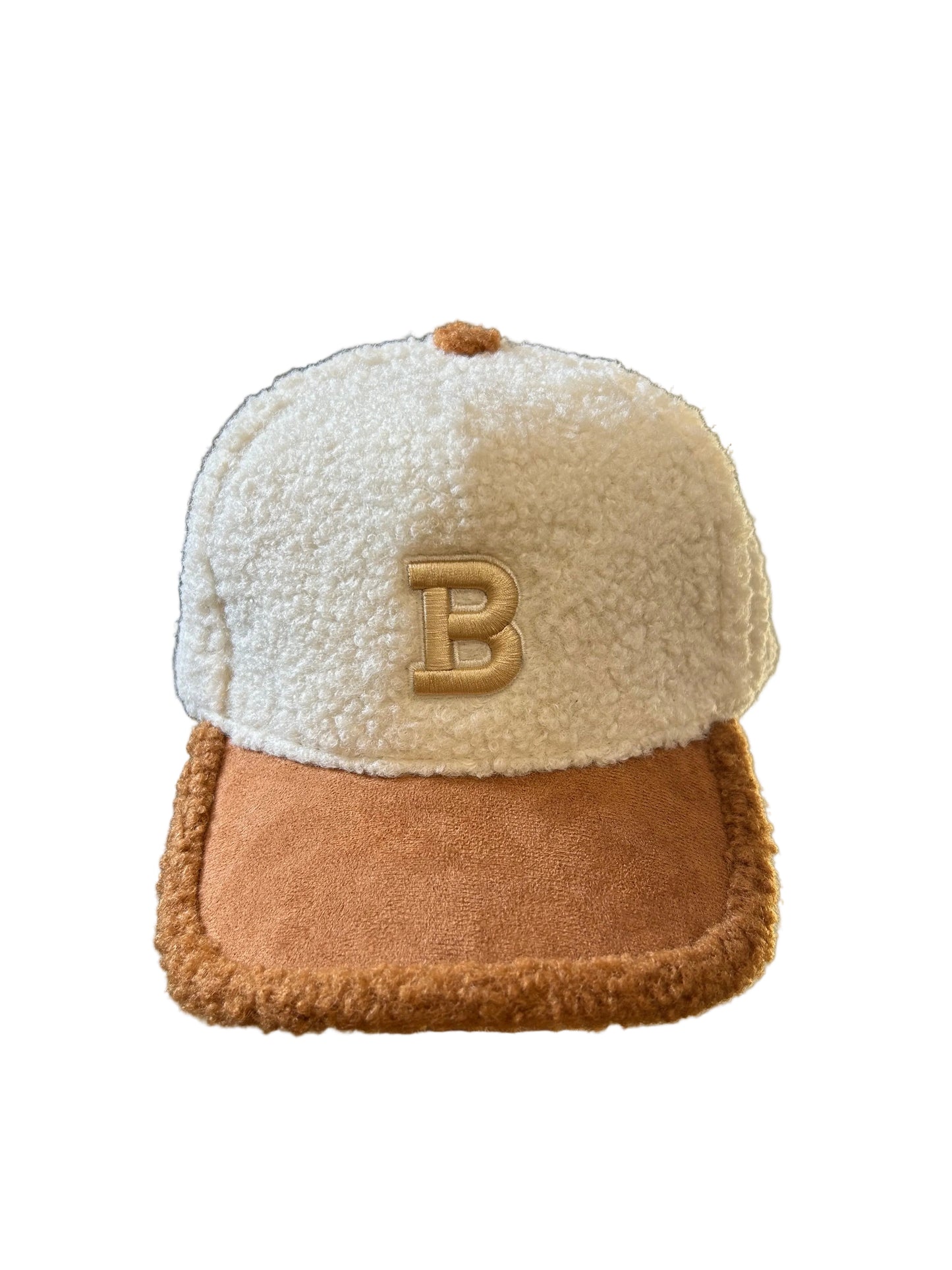 New Shepherds Sherpa Baseball Cap featuring a white fleece crown, a brown brim, and a gold embroidered 'B