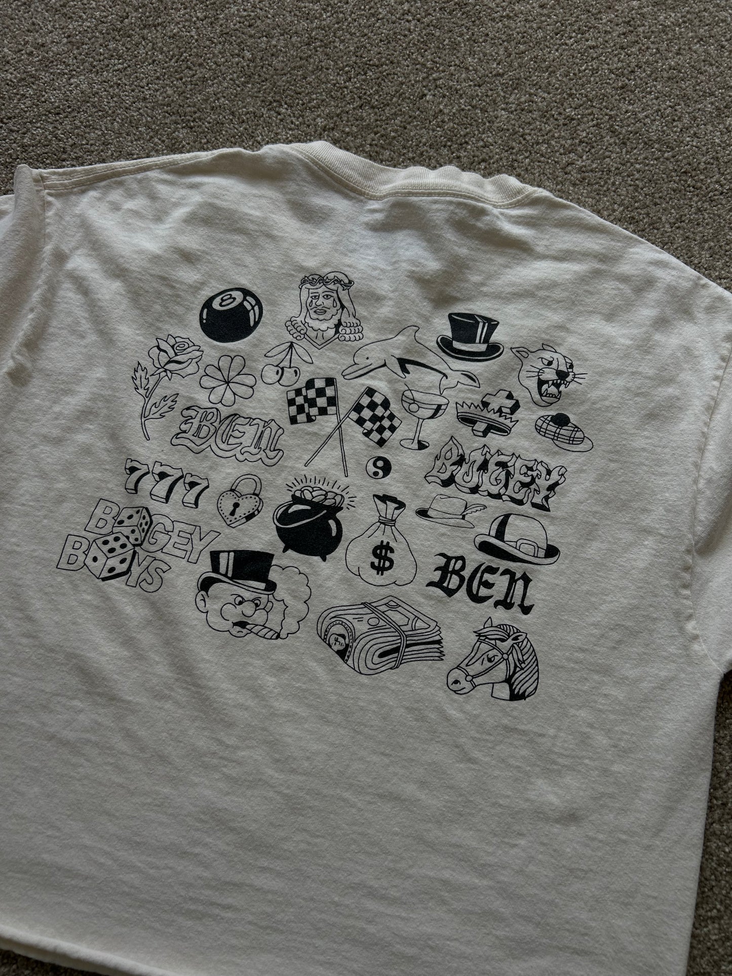 Cream cropped t-shirt with "BEN" printed in black on the chest and neckline Large