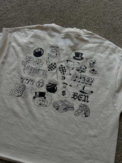 Cream cropped t-shirt with "BEN" printed in black on the chest and neckline Large