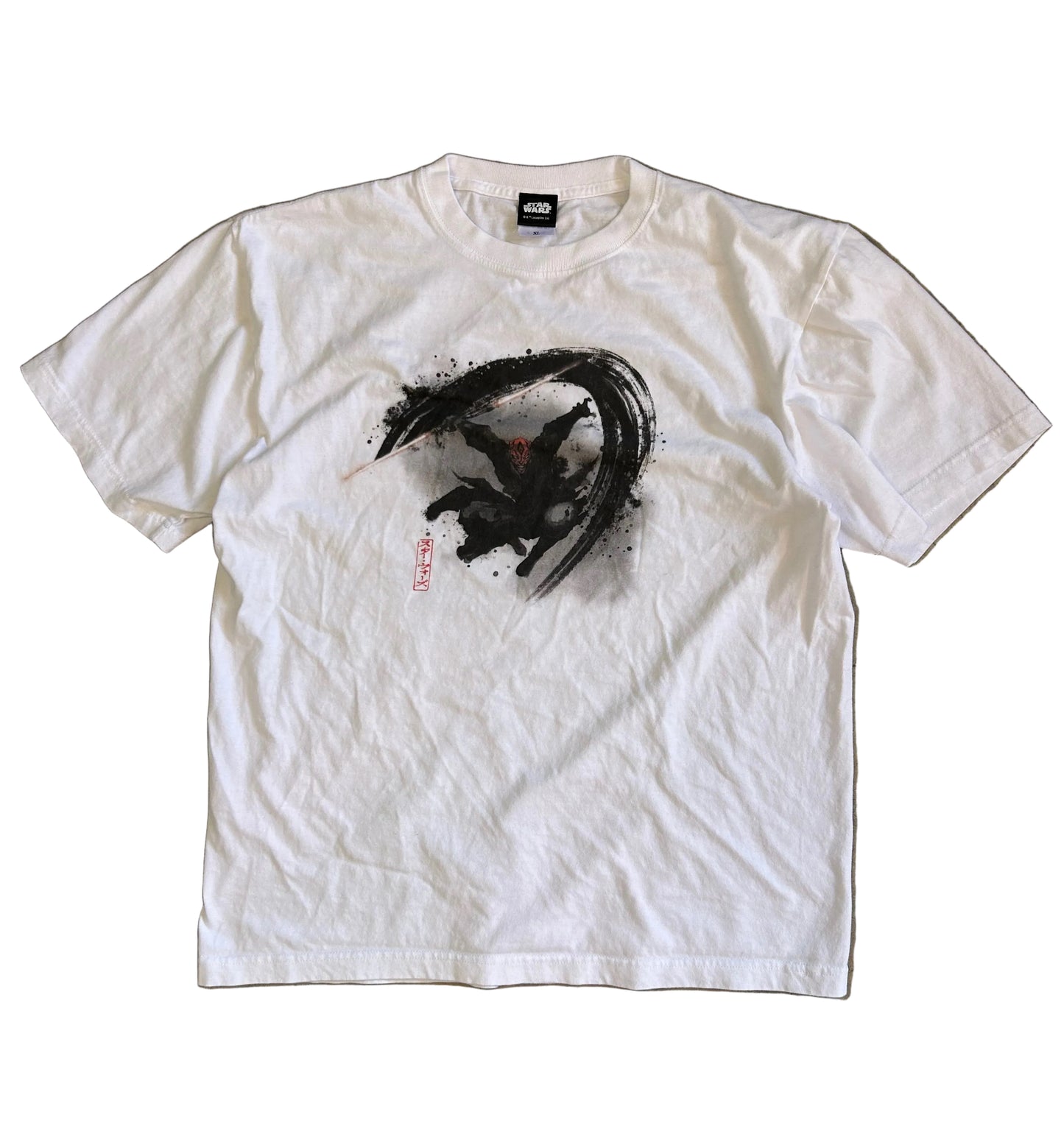white Star Wars themed t-shirt featuring a Japanese-style ink brush graphic of the character Darth Maul XL