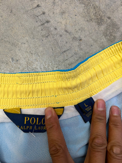 Ralph Lauren swim trunks featuring a blue body with a yellow pony logo Shorts Large