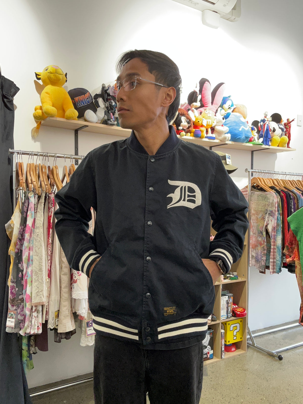 WTAPS 15SS Team Reversible Jacket (often called the Team JKT), featuring a Detroit Tigers-style "D" logo on the chest and a reversible floral/hibiscus lining Large