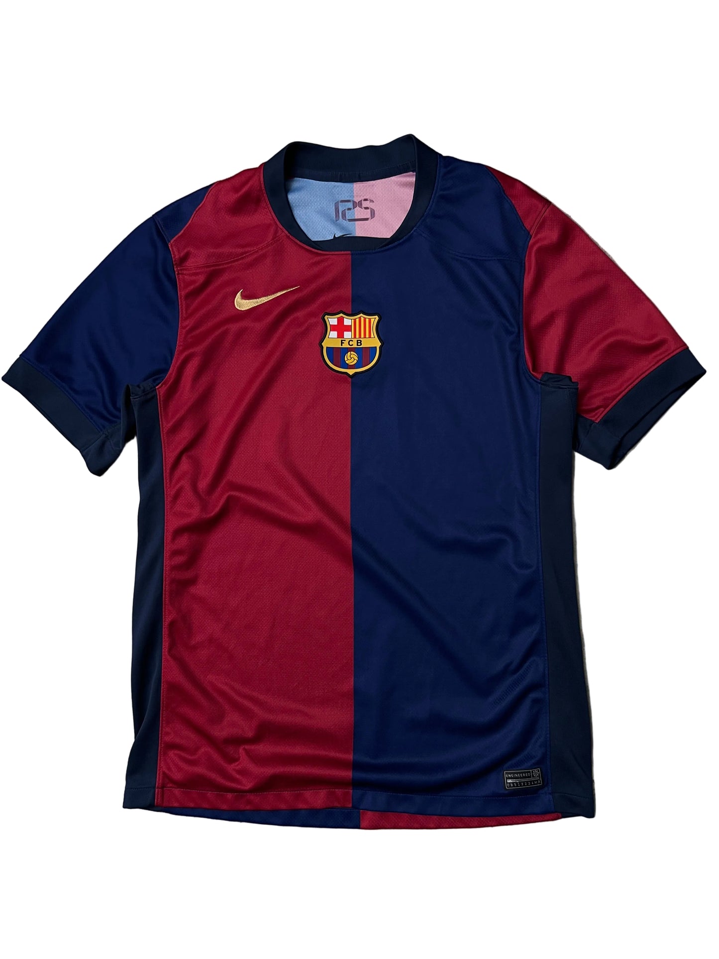 Nike FC Barcelona 2024/25 Home Jersey features a distinct split red and blue design with a gold Nike Swoosh