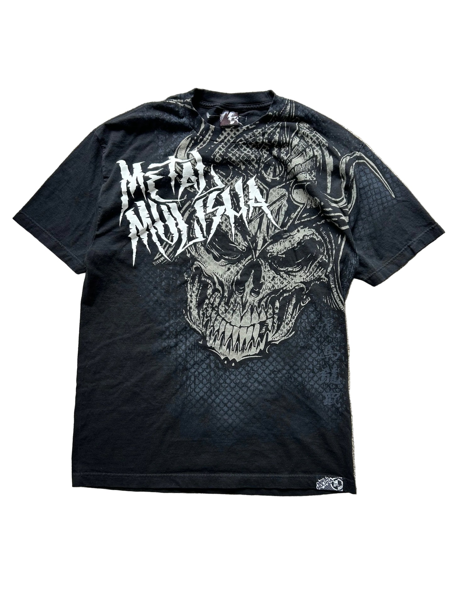 Y2K Metal Mulisha Gravity Tee in black cotton with a grey MM skull graphic Large