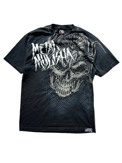 Y2K Metal Mulisha Gravity Tee in black cotton with a grey MM skull graphic Large