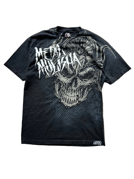 Y2K Metal Mulisha Gravity Tee in black cotton with a grey MM skull graphic Large