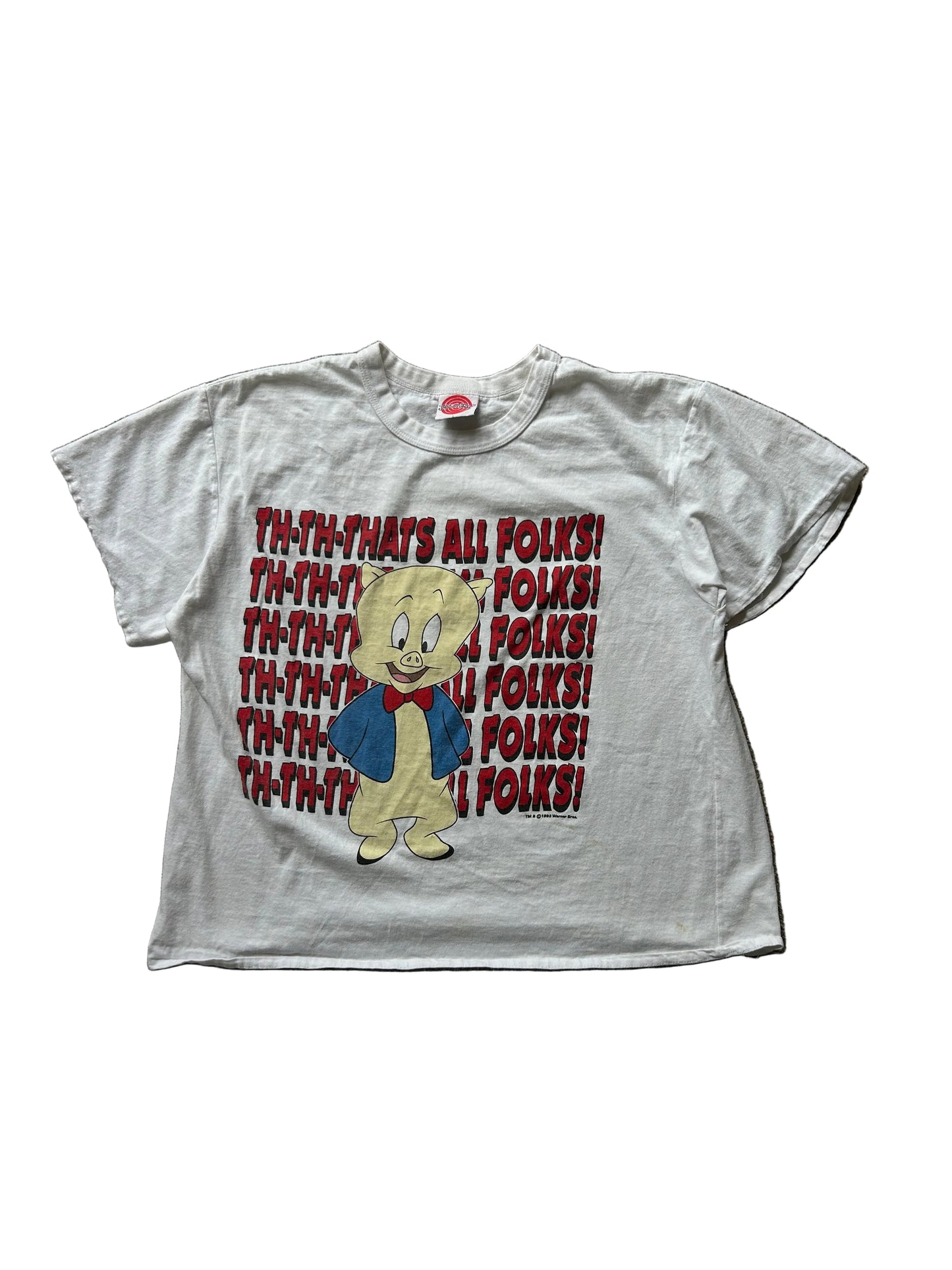 white Looney Tunes Porky Pig "That's All Folks!" vintage graphic t-shirt Dated 1993 White Cropped