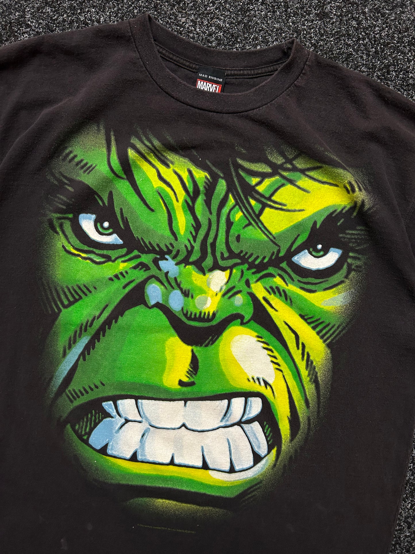 Vintage 2002 Marvel Comics The Incredible Hulk Graphic T-Shirt Mega Print Glitter XL Mad Engine Tag Black
