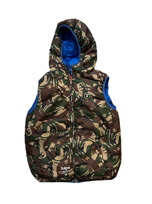 A Bathing Ape AAPE BAPE Down Hooded Vest Reversible Large Pertex Blue Camo