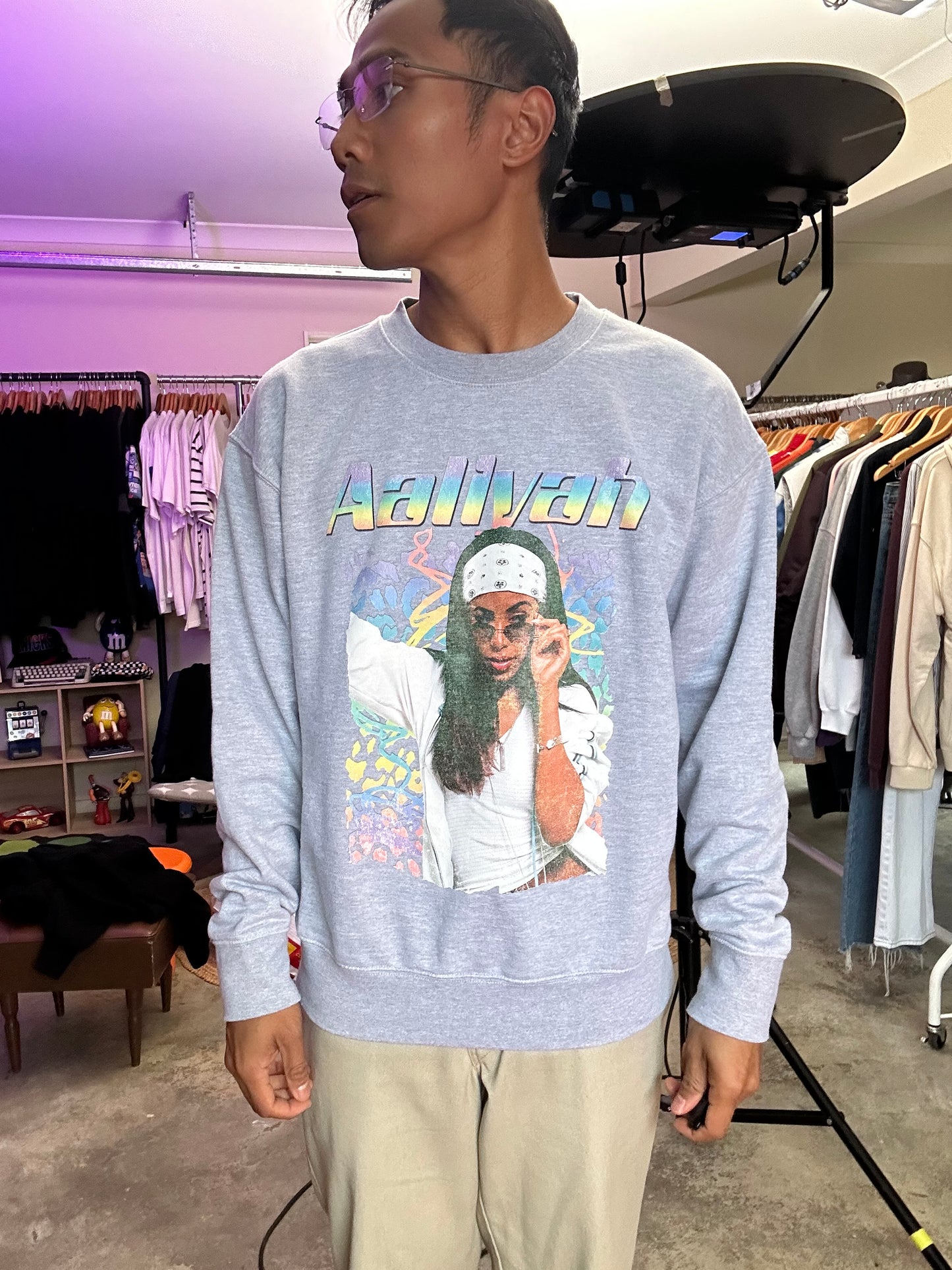 gray crewneck sweatshirt featuring a graphic of the singer Aaliyah Medium