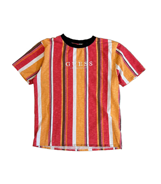 GUESS Originals Men's Eco Stripe T-Shirt, featuring a bold, multi-colored vertical striped design and an embroidered central logo. Orange Medium