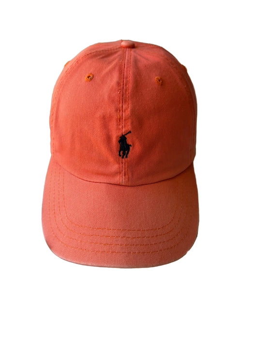 Vintage Polo Ralph Lauren cotton chino ball cap in a faded orange color with a navy blue embroidered pony logo