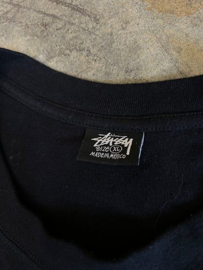 Stüssy Skull & Bones Pigment Dyed T-shirt in black, featuring a screen-printed graphic on the back XL