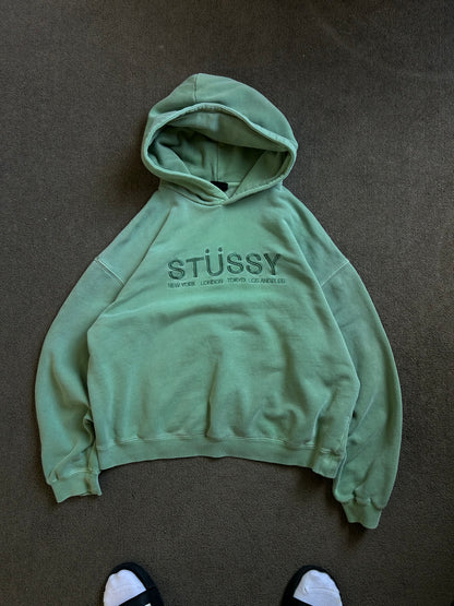 sage green hoodie is a Stüssy "Chapter" model featuring an embroidered logo size 16 Medium Cropped Boxy Fit