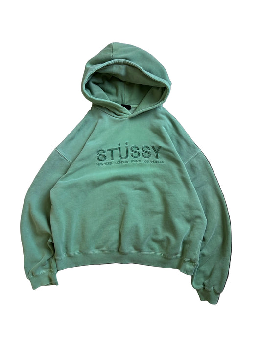 sage green hoodie is a Stüssy "Chapter" model featuring an embroidered logo size 16 Medium Cropped Boxy Fit