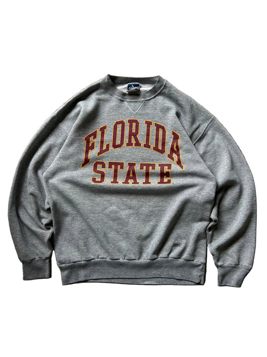 vintage grey crewneck sweatshirt featuring the Florida State University "Florida State" text logo, branded by Bike Large