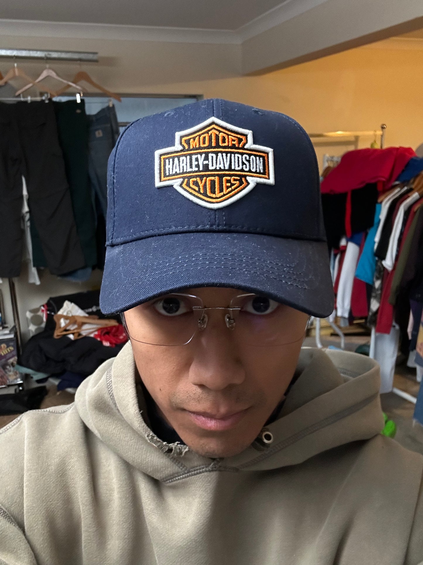 dark navy Harley-Davidson baseball cap features a prominent embroidered bar and shield logo on the front OSFa