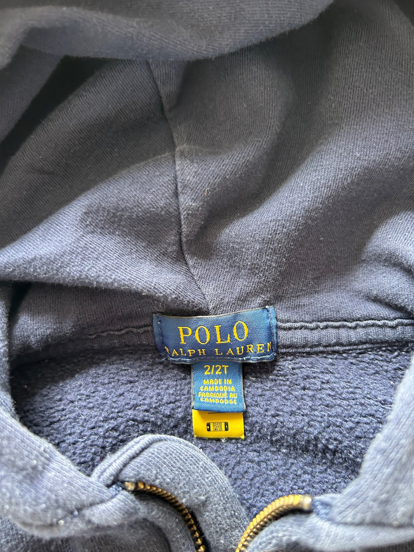 Polo Ralph Lauren navy blue cotton-blend fleece full-zip hoodie with a signature embroidered pony logo 2yrs old