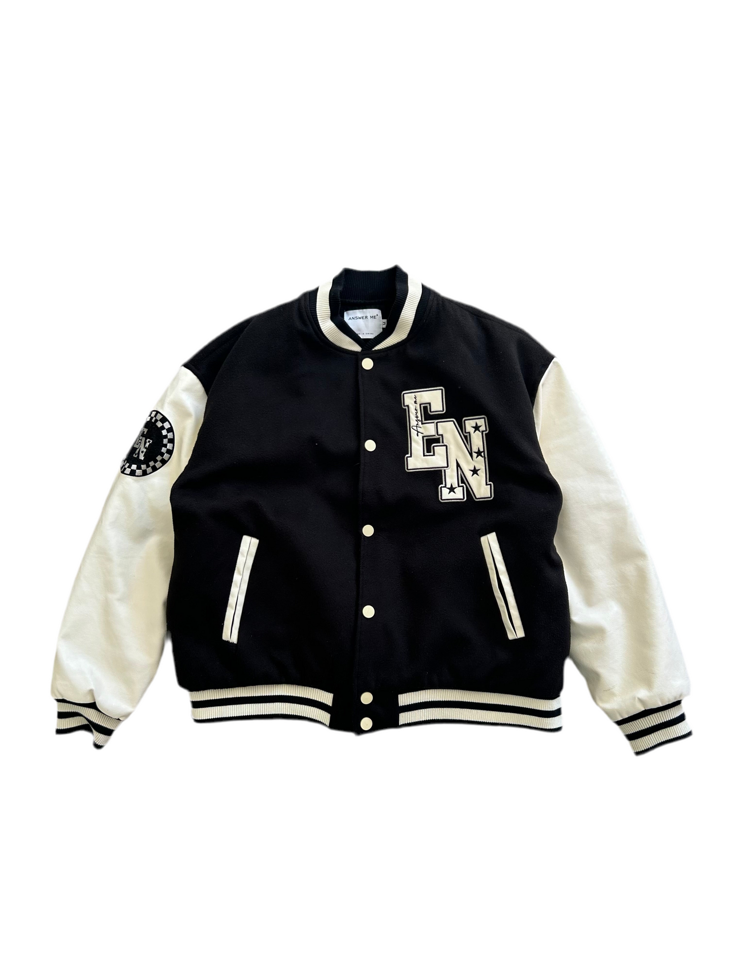 Varsity Jacket Black Answer Me Brand Medium Leather Type Sleeve