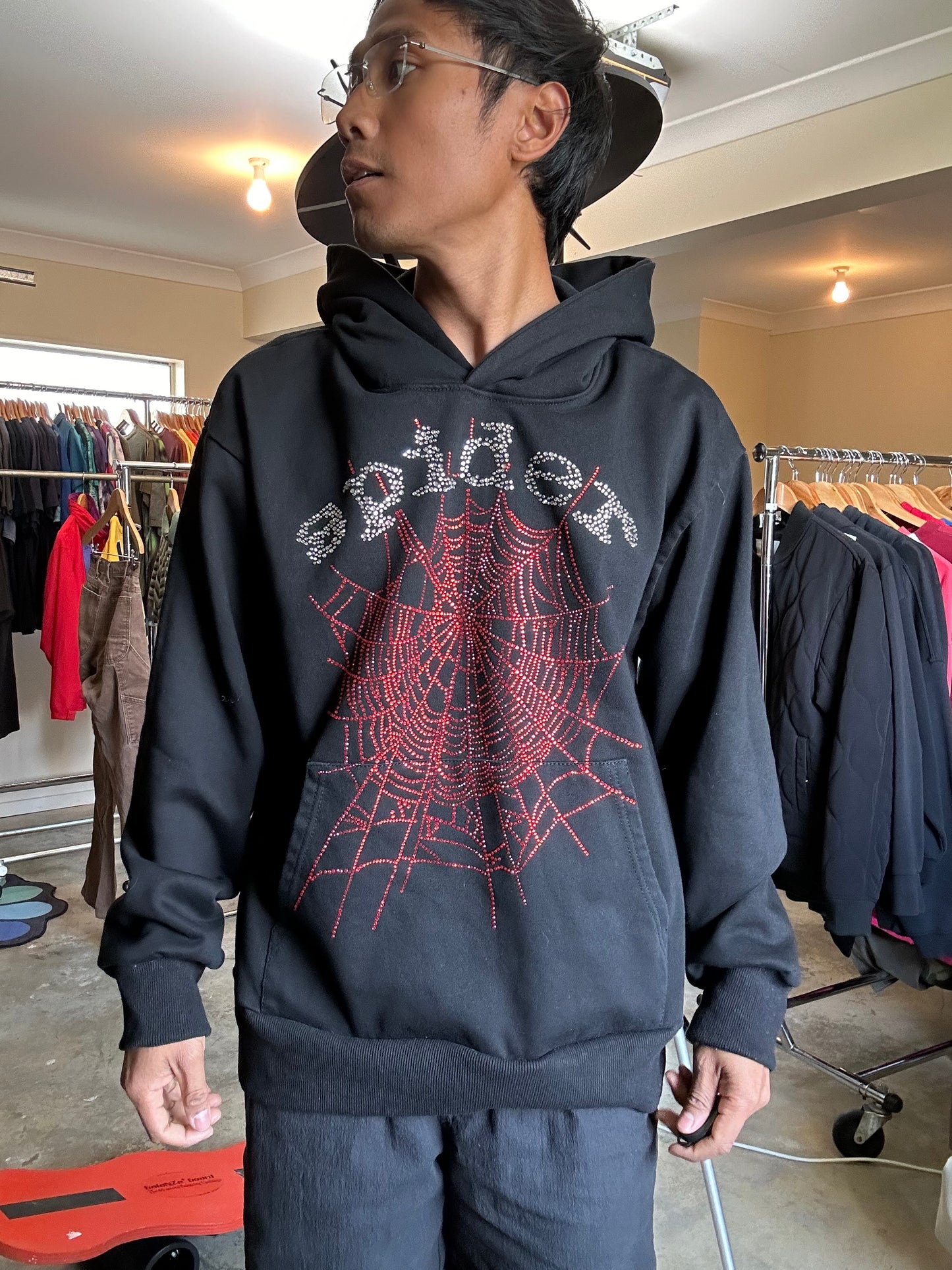 Sp5der OG Rhinestone Logo Hoodie in black XL
