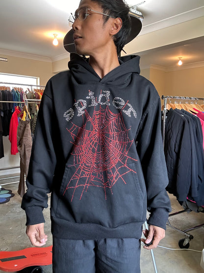 Sp5der OG Rhinestone Logo Hoodie in black XL