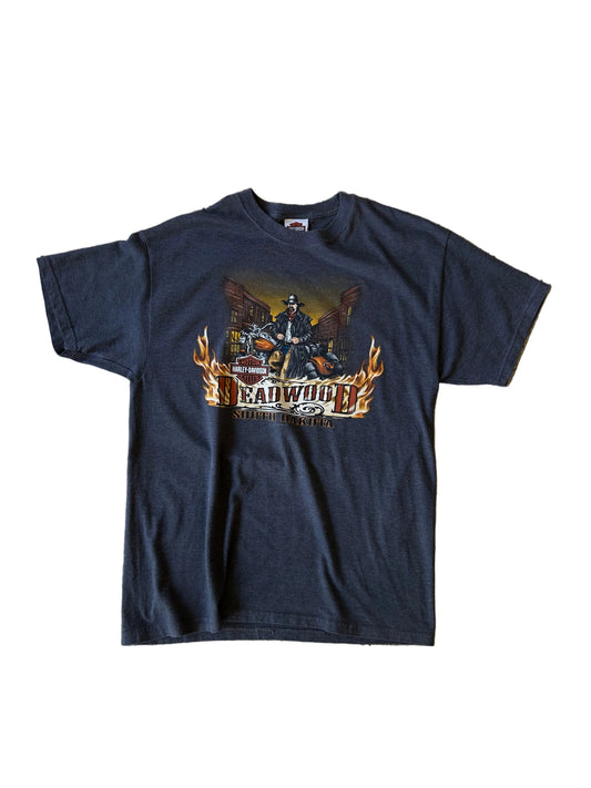 vintage Harley-Davidson graphic t-shirt from Deadwood, South Dakota featuring a cowboy and motorcycle design 2008
