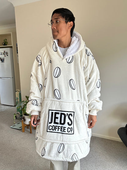 Jed's branded wearable blanket hoodie, "Oodie Cream