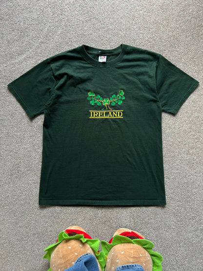 IRELAND & Irish Shamrocks T-Shirt Fruit of Loom Unisex Large Cotton Embroidered Green