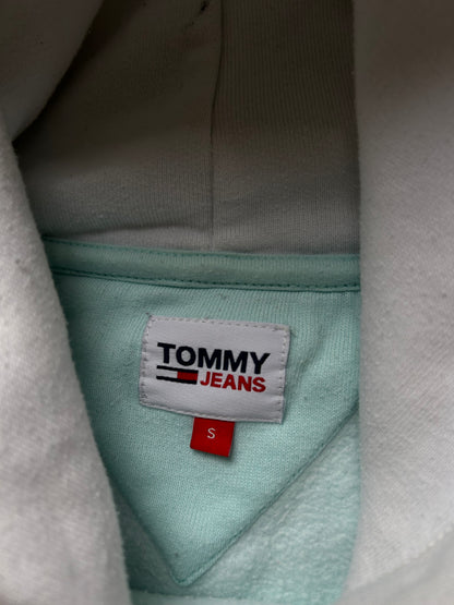 Tommy Jeans pastel color-block hoodie features a white hood, light green torso, and pink and blue sleeves Small