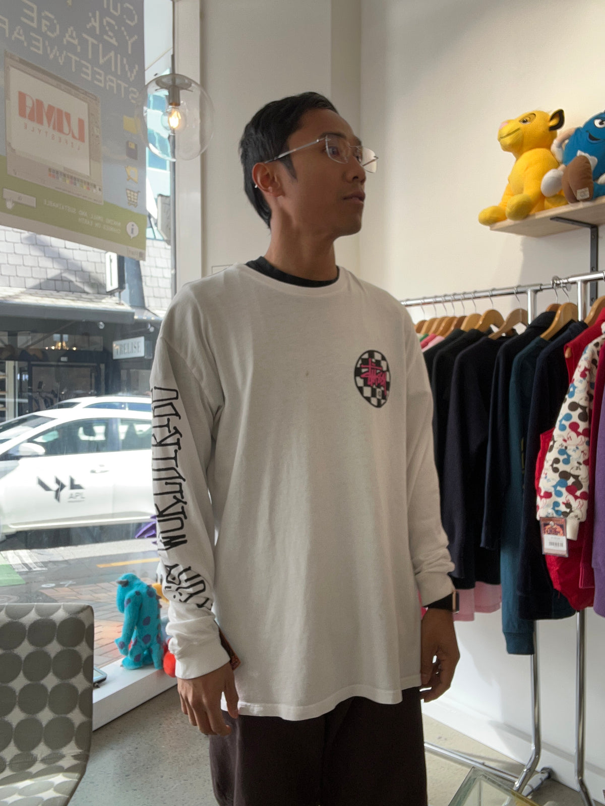 Stussy Pink Logo Checkerboard White Long Sleeve Medium (Worn Condition)