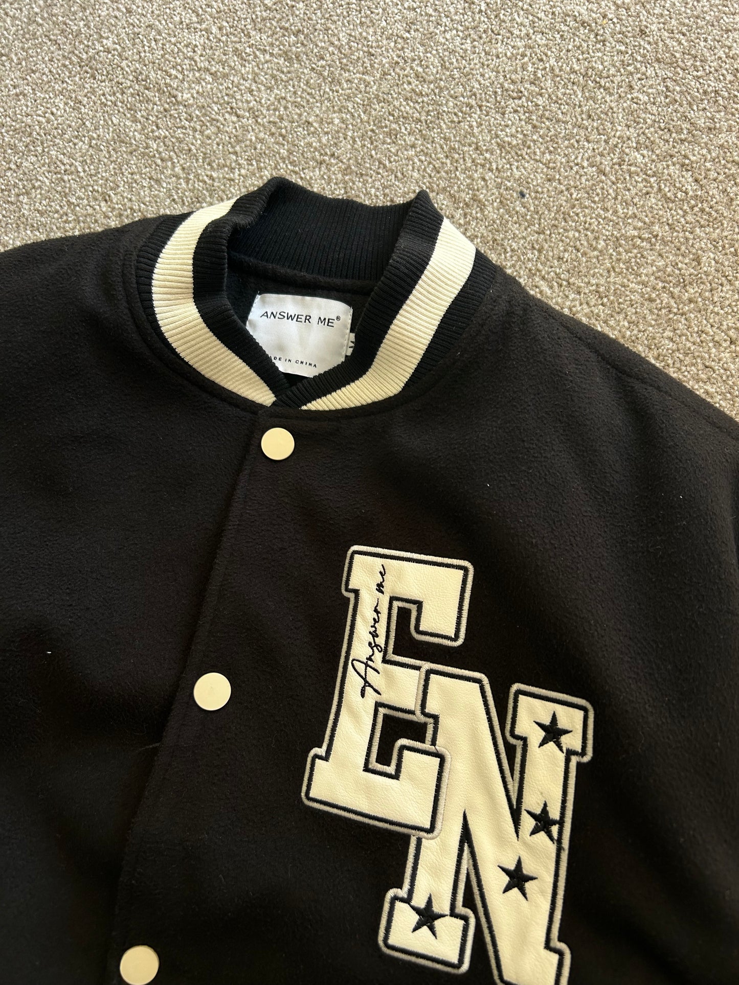 Varsity Jacket Black Answer Me Brand Medium Leather Type Sleeve
