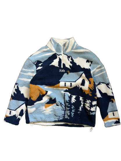 Kith Lakeside Claremont Sherpa Quarter Zip in the Summit colorway, featuring a graphic lakeside scene and a branded quarter-zip closure XL Blue