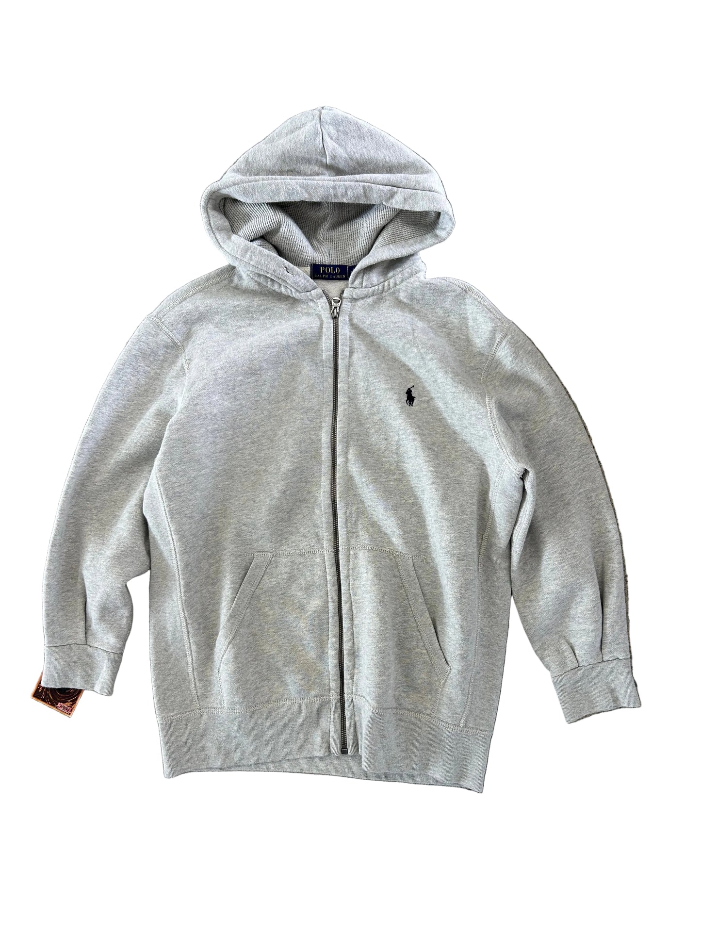 Grey Polo Ralph Lauren full-zip hoodie with an embroidered black signature pony logo on the chest Medium