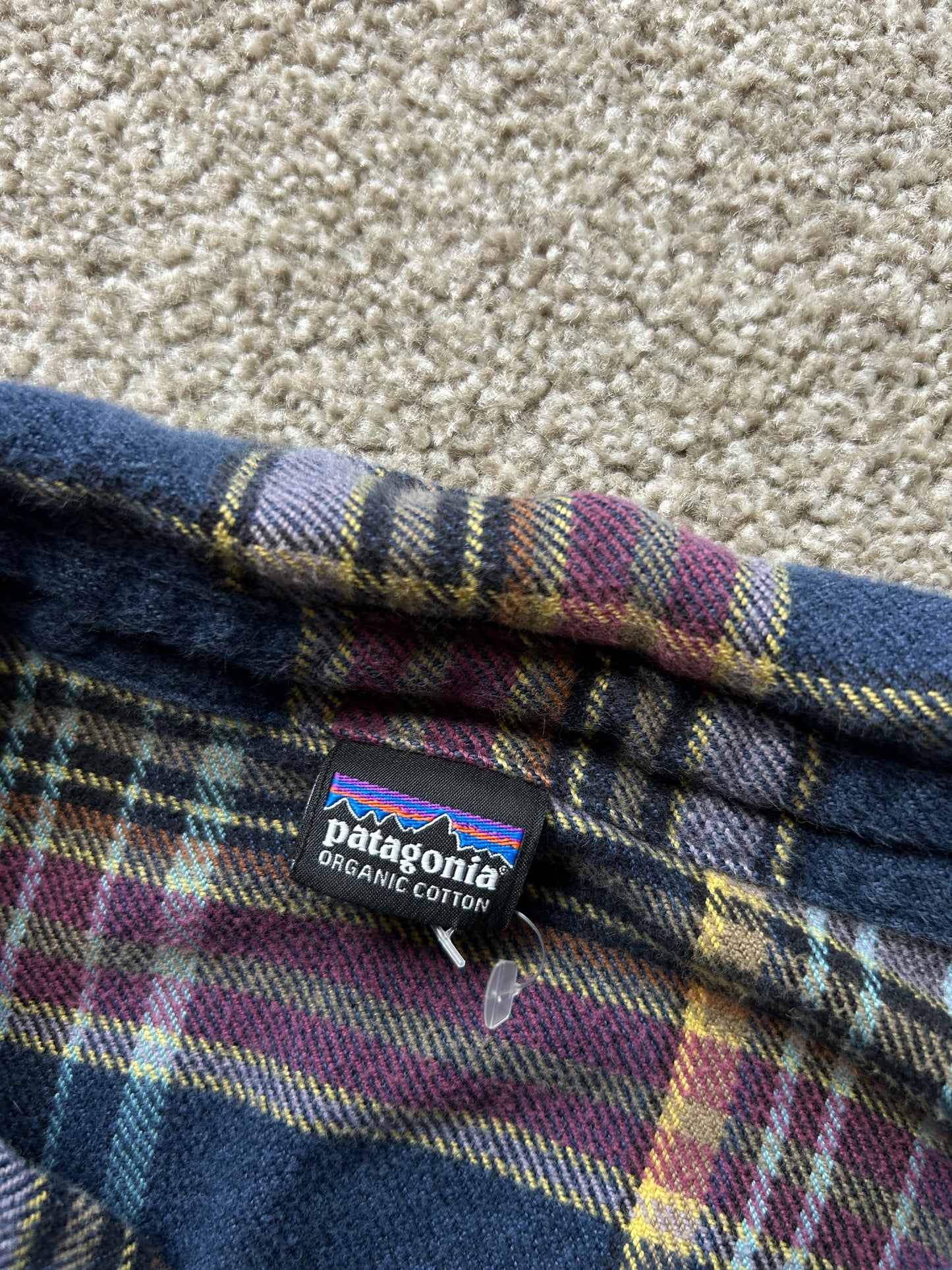 Patagonia Women's Long-Sleeved Fjord Flannel Shirt in a blue and purple plaid pattern, made from 100% organic cotton