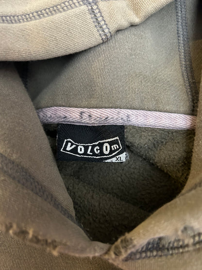 Vintage Y2K Volcom hoodie featuring a red and white graphic logo on the chest and text on the sleeve Army Green Faded