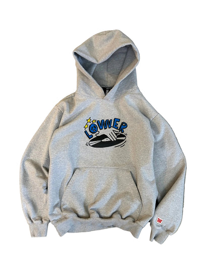 heather grey hoodie from Lower features a central "Lower" graphic of a hand on a vinyl record with star accents Medium