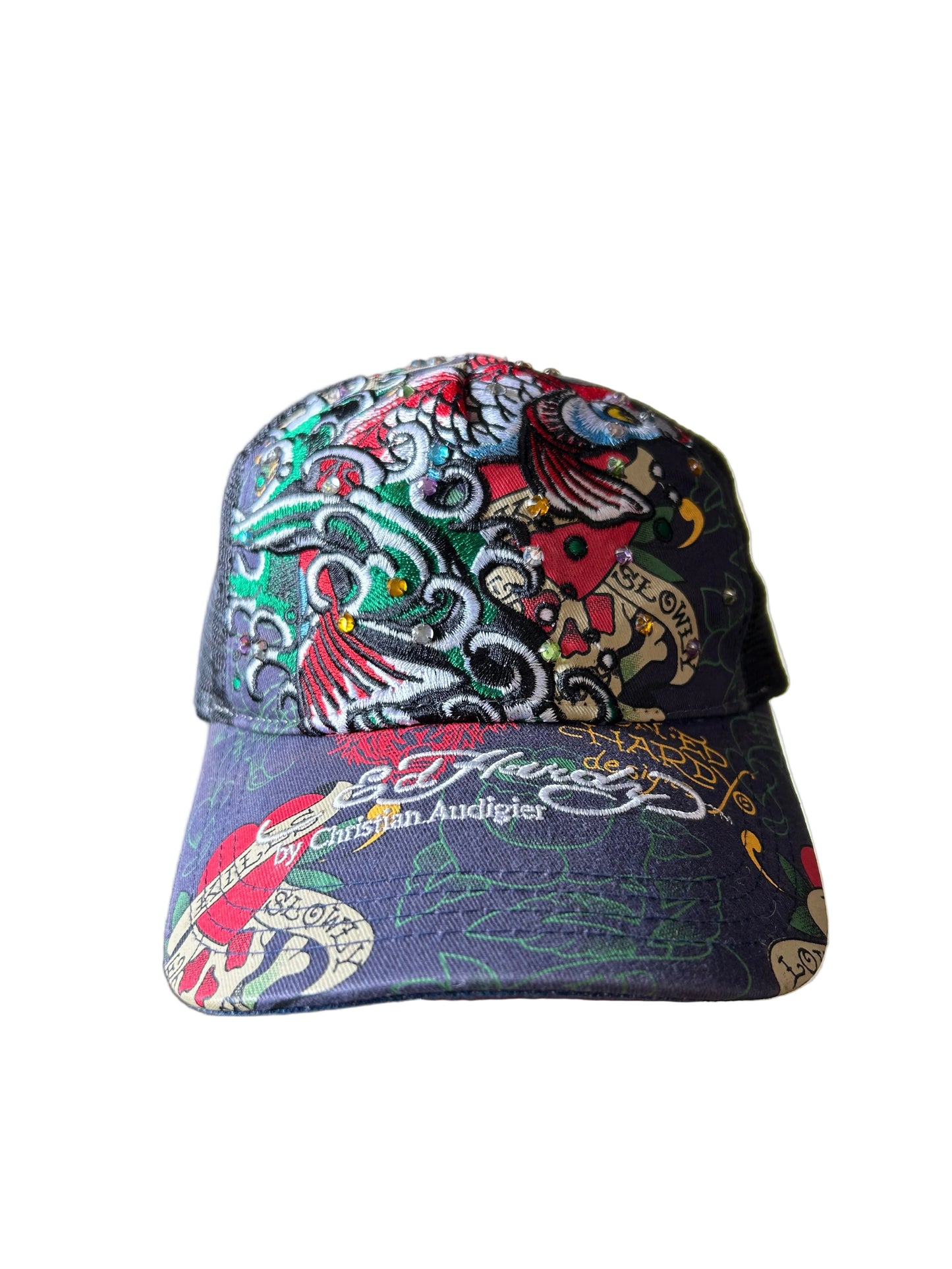 Ed Hardy by Christian Audigier trucker cap, often featuring signature tattoo-inspired graphics and rhinestone